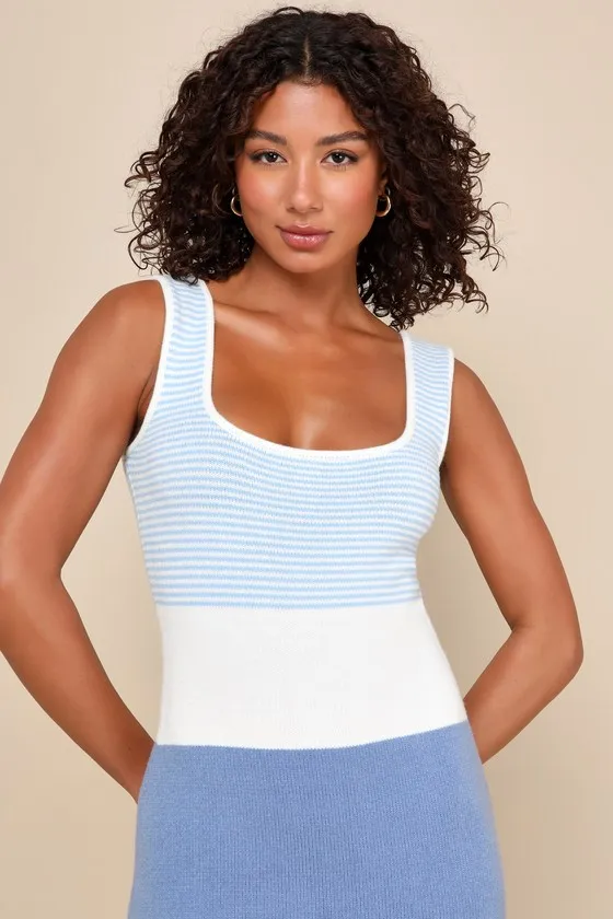 Easily Gorgeous Ivory and Light Blue Striped Midi Sweater Dress sold by Lulus product image thumbnail 4