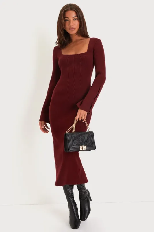 Classy Attitude Burgundy Ribbed Square Neck Midi Sweater Dress sold by Lulus
