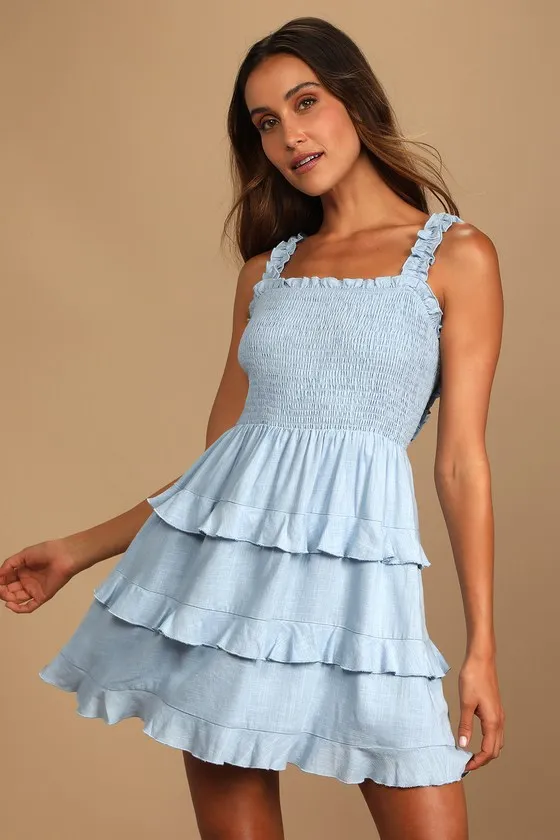 Super Sweet Light Blue Smocked Ruffled Tie-Back Mini Dress sold by Lulus product image thumbnail 2