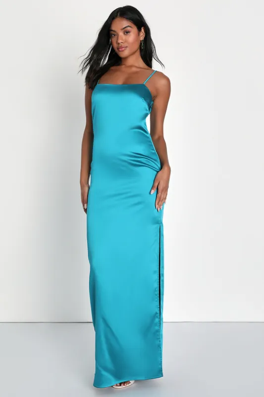 Easy Radiance Teal Satin Slip Maxi Dress sold by Lulus