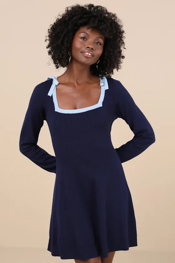 Perfect Outcome Navy Long Sleeve Sweater Mini Dress sold by Lulus