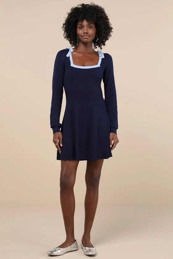 Perfect Outcome Navy Long Sleeve Sweater Mini Dress sold by Lulus product image thumbnail 2