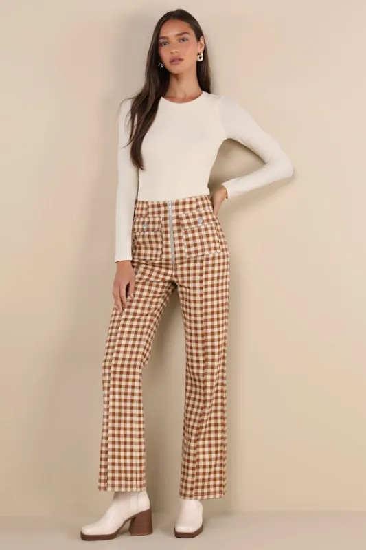 Adorably Classic Rust and Beige Gingham High-Rise Pants sold by Lulus
