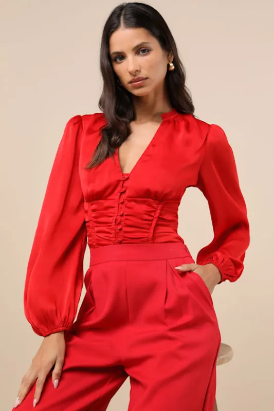 Elevated Achievement Red Balloon Sleeve Button-Front Top sold by Lulus