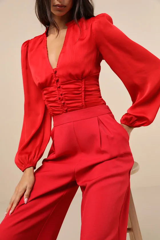 Elevated Achievement Red Balloon Sleeve Button-Front Top sold by Lulus product image thumbnail 4
