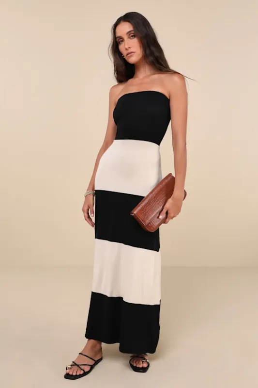 Rosalie Black and Ivory Striped Strapless Midi Sweater Dress sold by Lulus