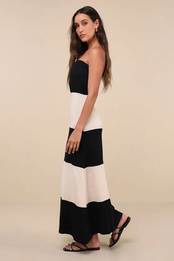 Rosalie Black and Ivory Striped Strapless Midi Sweater Dress sold by Lulus product image thumbnail 2