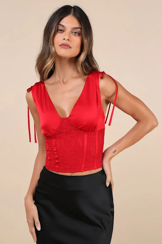 Dreamily Sultry Red Satin Lace Bustier Lace-Up Tank Top sold by Lulus