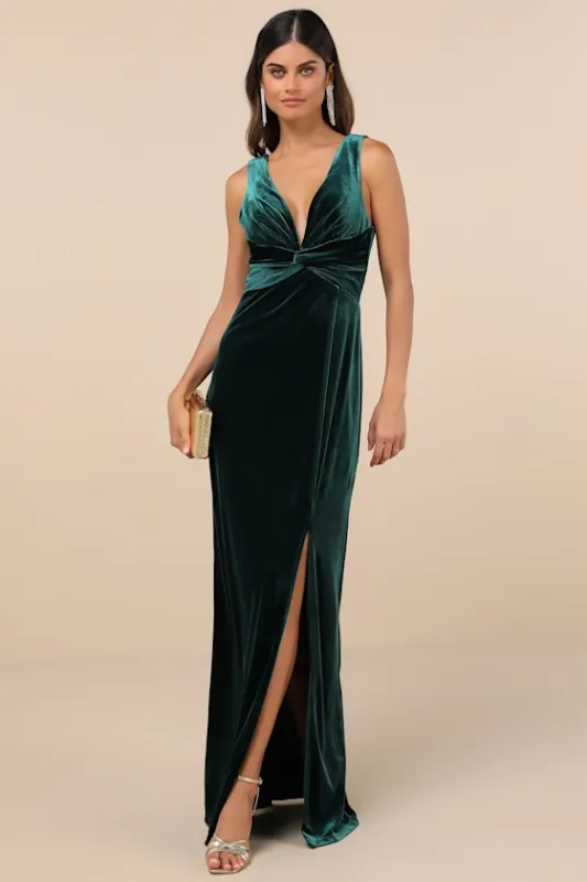 Enhanced Aura Emerald Green Velvet Cowl-Back Maxi Dress sold by Lulus