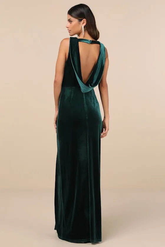 Enhanced Aura Emerald Green Velvet Cowl-Back Maxi Dress sold by Lulus product image thumbnail 2