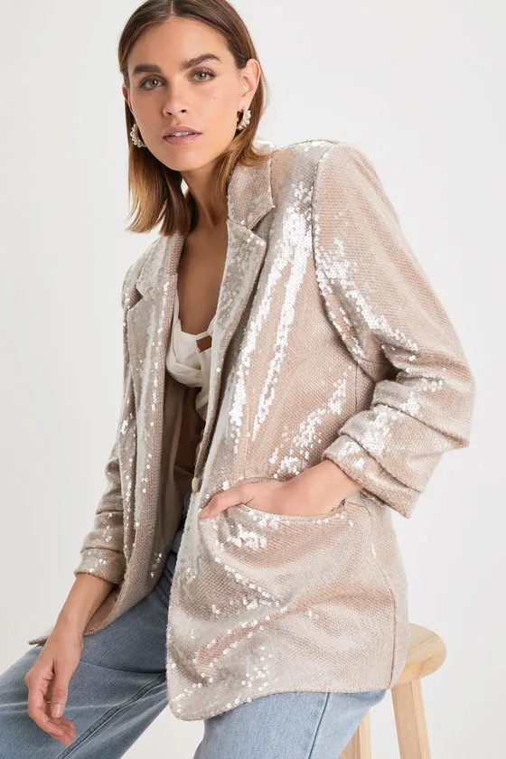 Radiant Behavior Beige Sequin Ruched Sleeve Blazer sold by Lulus