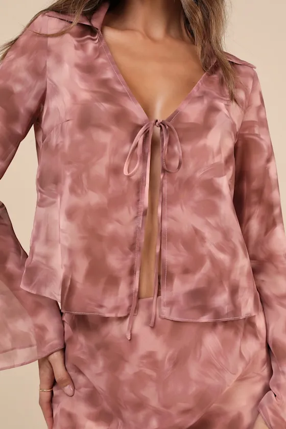 Ethereal Aesthetic Mauve Abstract Tie-Front Long Sleeve Top sold by Lulus product image thumbnail 4