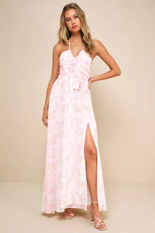 Effortlessly Abloom Light Pink Floral Ruched Halter Maxi Dress sold by Lulus