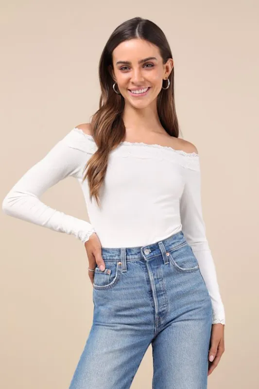Skilled Poise White Ribbed Off-the-Shoulder Lace Bodysuit sold by Lulus