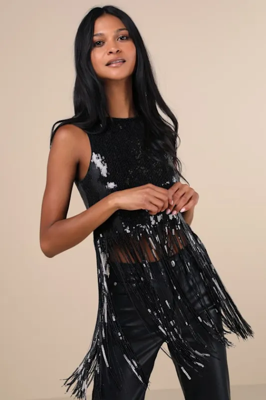Exquisite Marvel Black Sequin Fringe Tank Top sold by Lulus