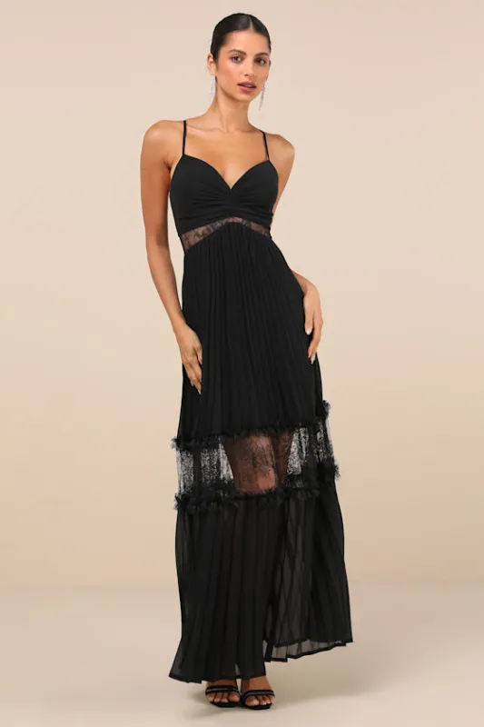 Deeply Stunning Black Lace Pleated Lace-Up Backless Maxi Dress sold by Lulus