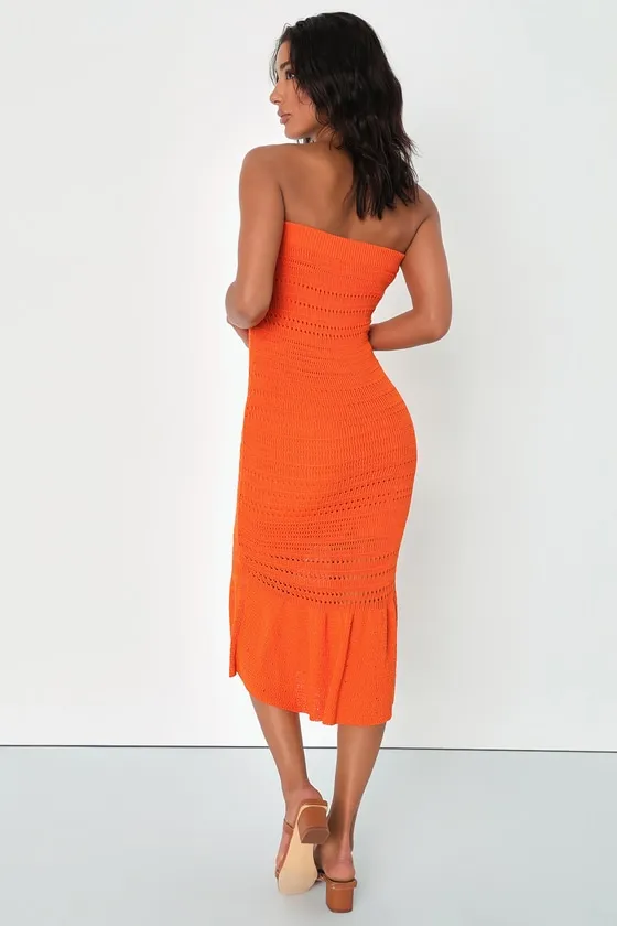 Palm Springs Sweetie Orange Knit Strapless Midi Dress sold by Lulus product image thumbnail 4