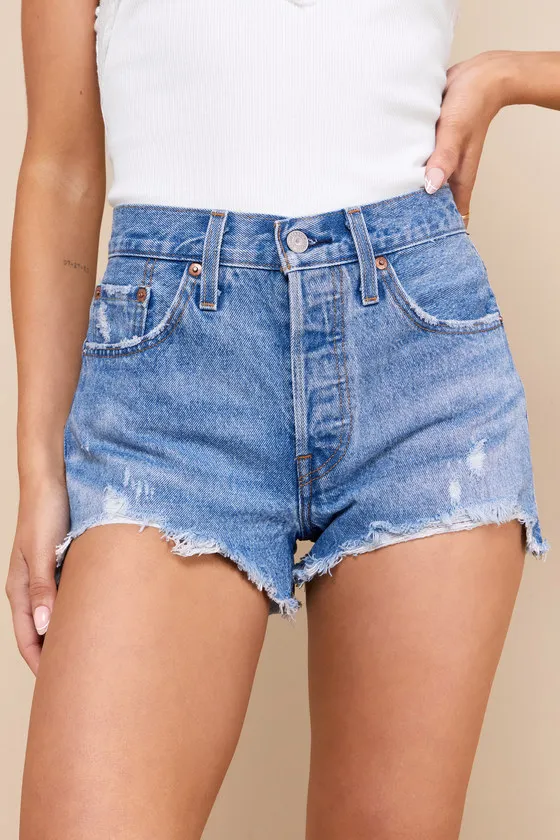 501 Original High-Rise Medium Wash Distressed Denim Shorts sold by Lulus