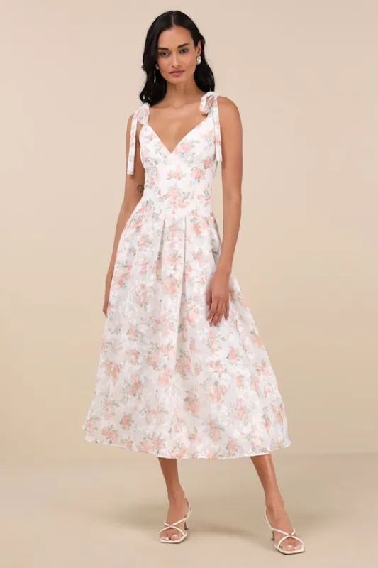 Danah White Floral Bustier Tie-Strap Midi Dress sold by Lulus