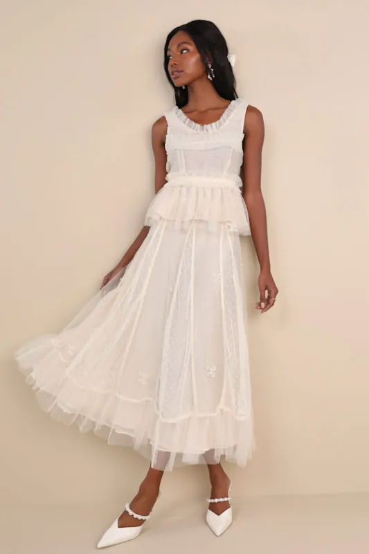 Jolene Ivory Tulle Embroidered Ruffled Swiss Dot Bow Midi Skirt made by Sister Jane