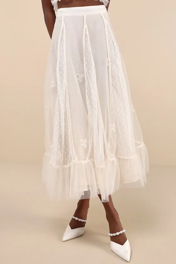 Jolene Ivory Tulle Embroidered Ruffled Swiss Dot Bow Midi Skirt sold by Lulus product image thumbnail 2