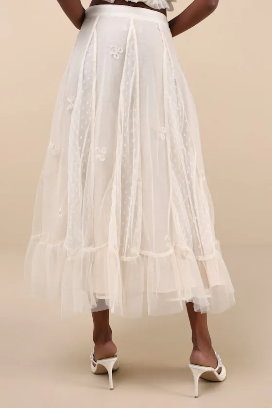 Jolene Ivory Tulle Embroidered Ruffled Swiss Dot Bow Midi Skirt sold by Lulus product image thumbnail 3