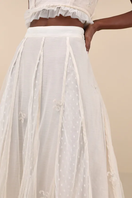 Jolene Ivory Tulle Embroidered Ruffled Swiss Dot Bow Midi Skirt sold by Lulus product image thumbnail 4