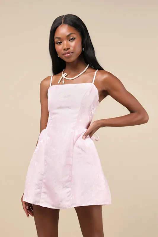 Adorably Charming Light Pink Jacquard Lace-Up Bow Mini Dress sold by Lulus