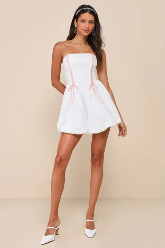 Exceedingly Sweet White Strapless Bustier Bubble-Hem Mini Dress sold by Lulus