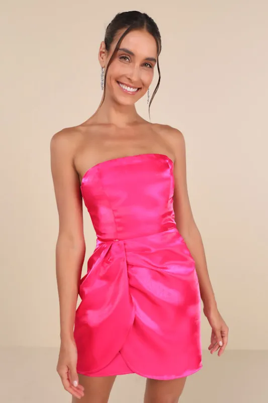 Glam Impulse Shiny Hot Pink Strapless Tulip Mini Dress sold by Lulus