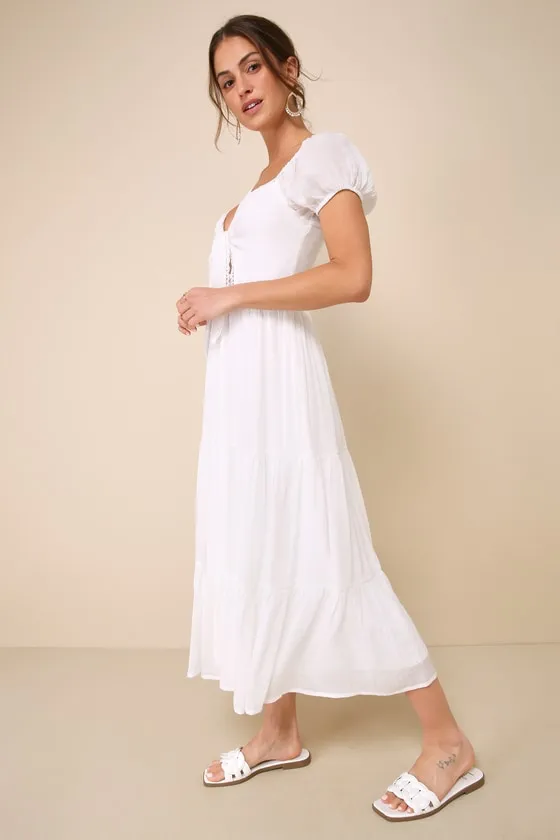 Darling Concept White Tiered Tie-Front Puff Sleeve Midi Dress sold by Lulus product image thumbnail 2