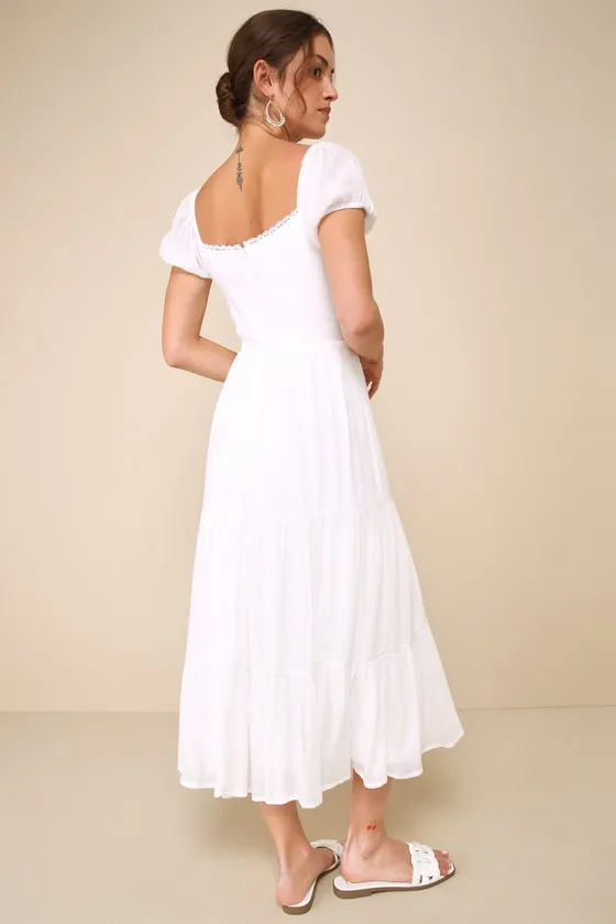 Darling Concept White Tiered Tie-Front Puff Sleeve Midi Dress sold by Lulus product image thumbnail 3