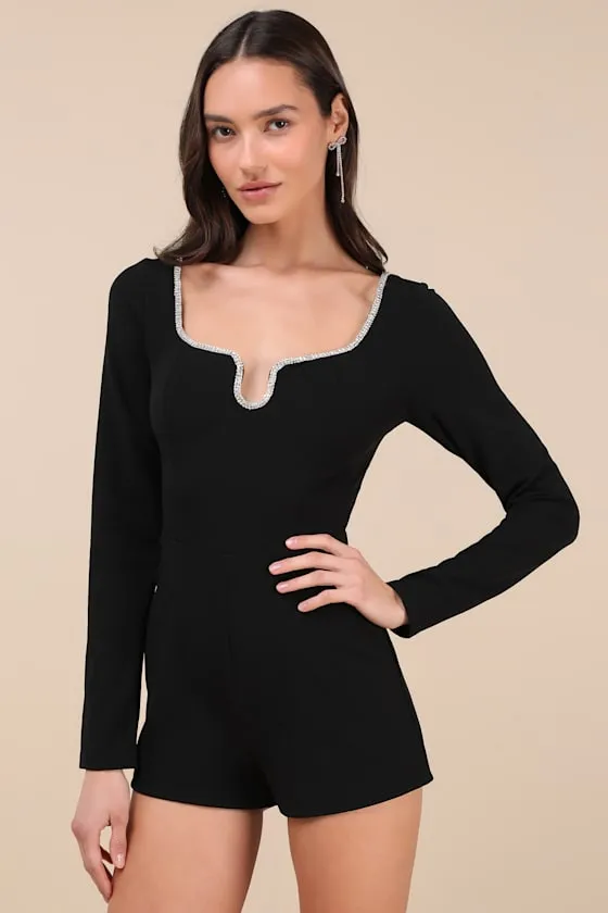 Marvelous Sparkle Black Rhinestone Long Sleeve Romper sold by Lulus