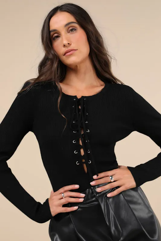 Intriguing Favorite Black Lace-Up Sweater Top sold by Lulus