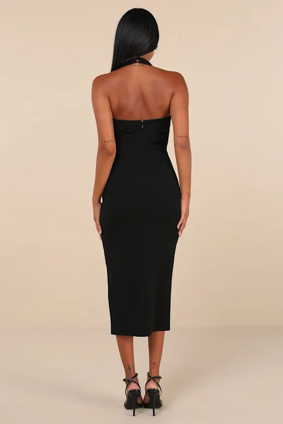 Prominent Charm Black Halter Bodycon Tulip Midi Dress sold by Lulus product image thumbnail 3