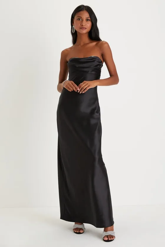 Exquisite Shine Black Satin Rhinestone Strapless Maxi Dress sold by Lulus