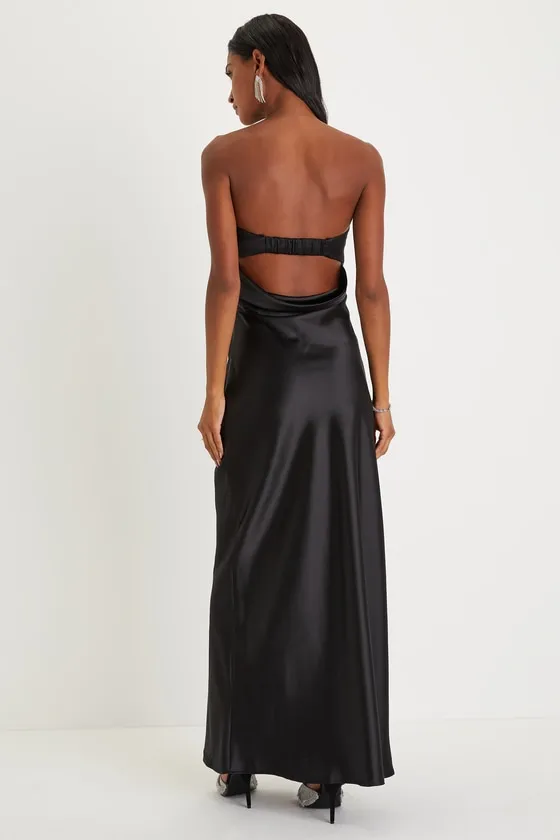 Exquisite Shine Black Satin Rhinestone Strapless Maxi Dress sold by Lulus product image thumbnail 2