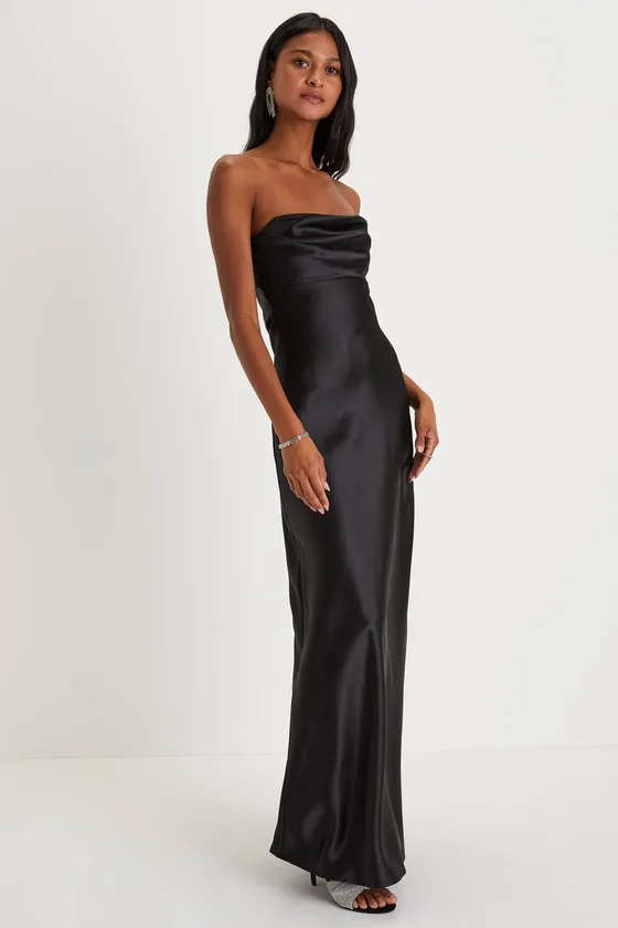 Exquisite Shine Black Satin Rhinestone Strapless Maxi Dress sold by Lulus product image thumbnail 3