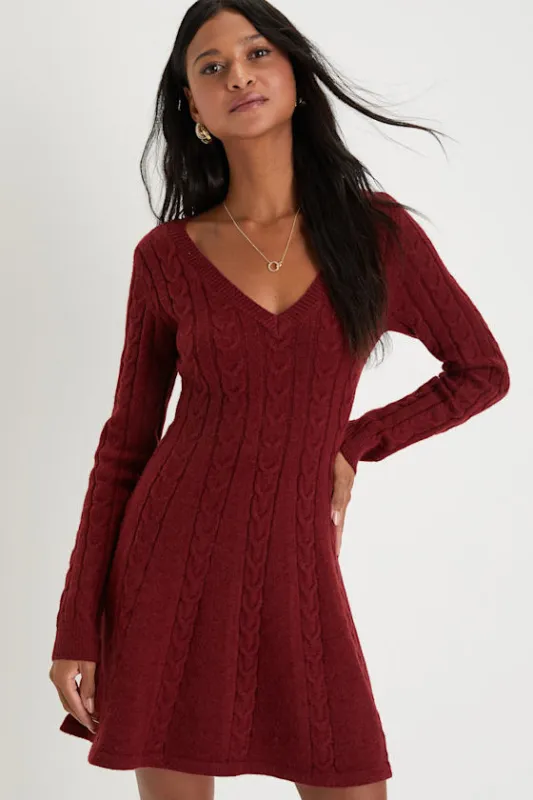 Sweetly Seasonal Burgundy Cable Knit Sweater Mini Dress sold by Lulus