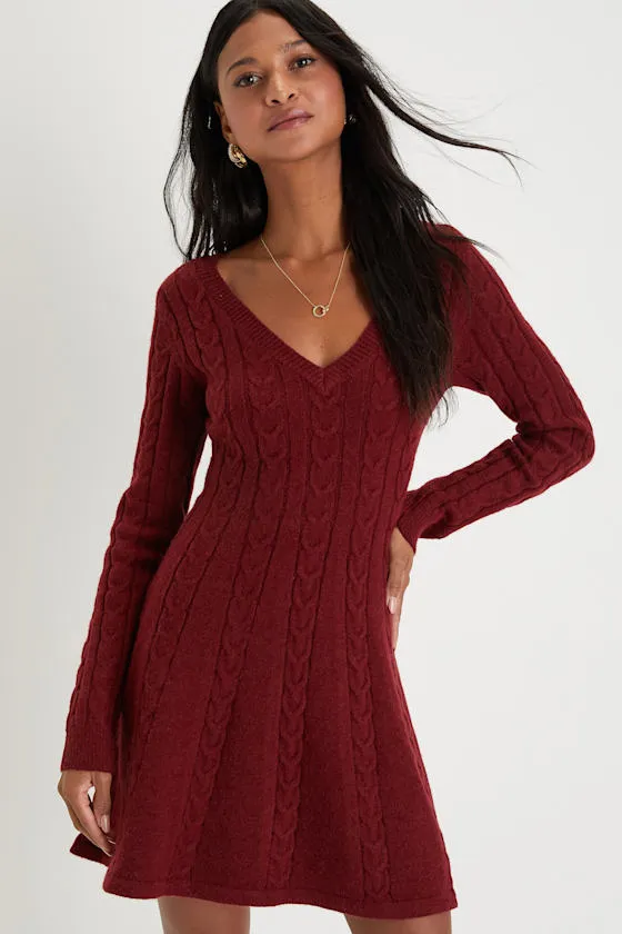 Sweetly Seasonal Burgundy Cable Knit Sweater Mini Dress sold by Lulus