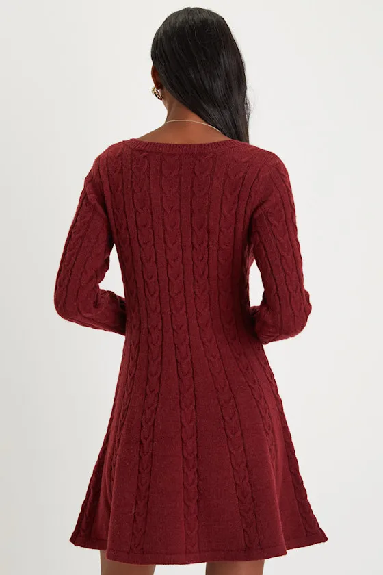 Sweetly Seasonal Burgundy Cable Knit Sweater Mini Dress sold by Lulus product image thumbnail 2