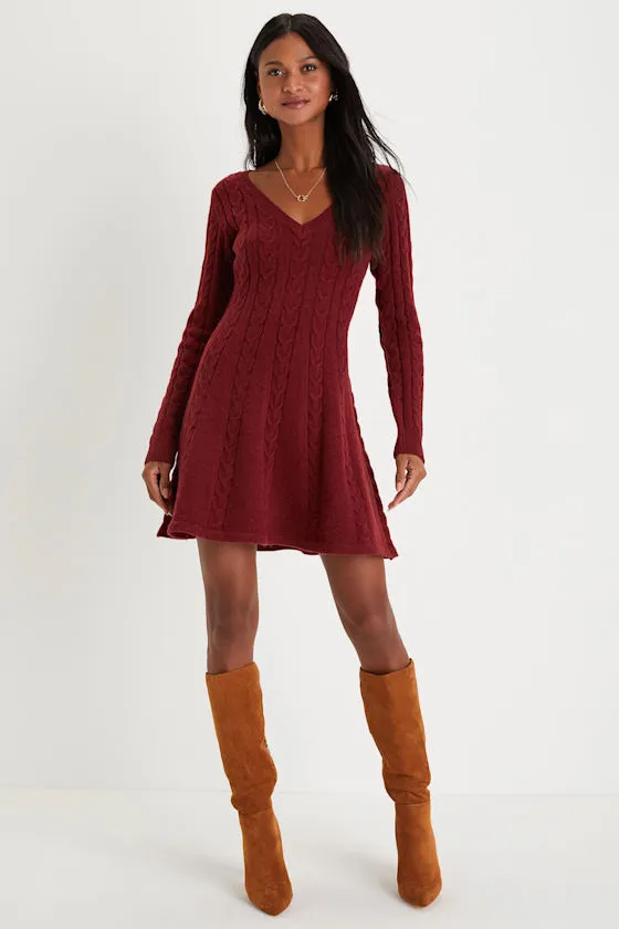 Sweetly Seasonal Burgundy Cable Knit Sweater Mini Dress sold by Lulus product image thumbnail 3