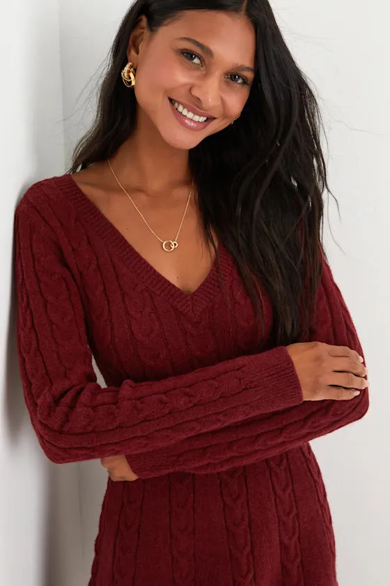Sweetly Seasonal Burgundy Cable Knit Sweater Mini Dress sold by Lulus product image thumbnail 4