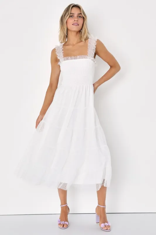 Darling Dancer White Swiss Dot Ruffled Tiered Midi Dress sold by Lulus