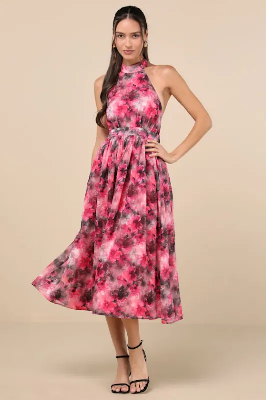 Charming Vision Fuchsia Floral Swiss Dot Lurex Halter Midi Dress sold by Lulus