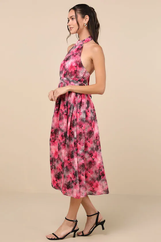 Charming Vision Fuchsia Floral Swiss Dot Lurex Halter Midi Dress sold by Lulus product image thumbnail 3