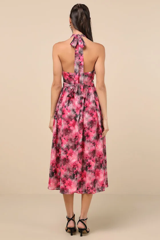 Charming Vision Fuchsia Floral Swiss Dot Lurex Halter Midi Dress sold by Lulus product image thumbnail 4
