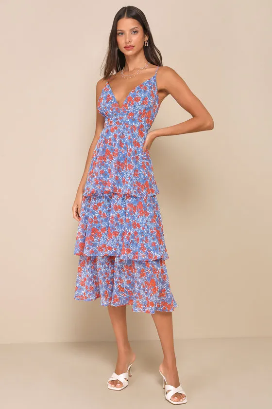 Adorable Obsession Blue Floral Print Lurex Tiered Midi Dress sold by Lulus