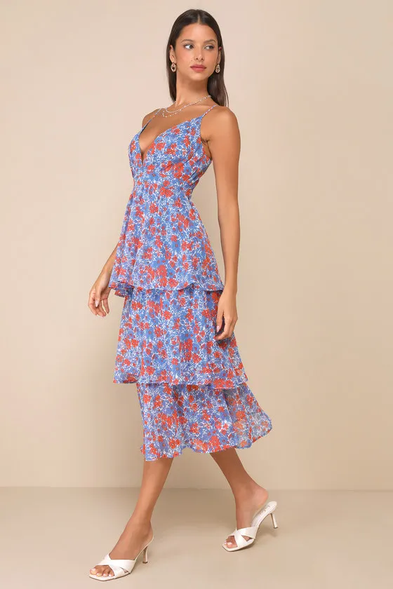 Adorable Obsession Blue Floral Print Lurex Tiered Midi Dress sold by Lulus product image thumbnail 2