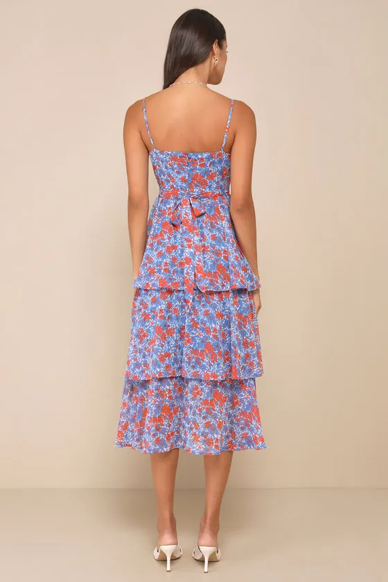 Adorable Obsession Blue Floral Print Lurex Tiered Midi Dress sold by Lulus product image thumbnail 3